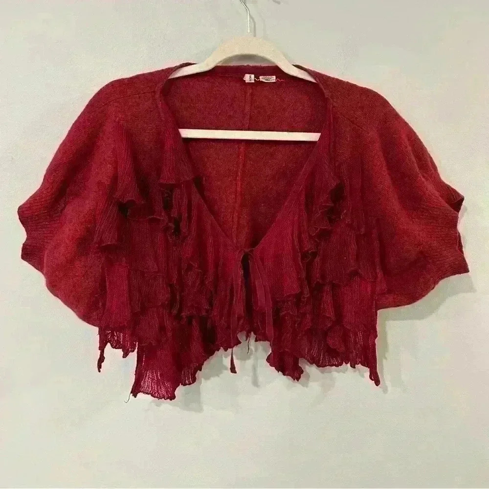 Anthropologie Moth Red Wool Blend Ruffle Sweater Cardigan